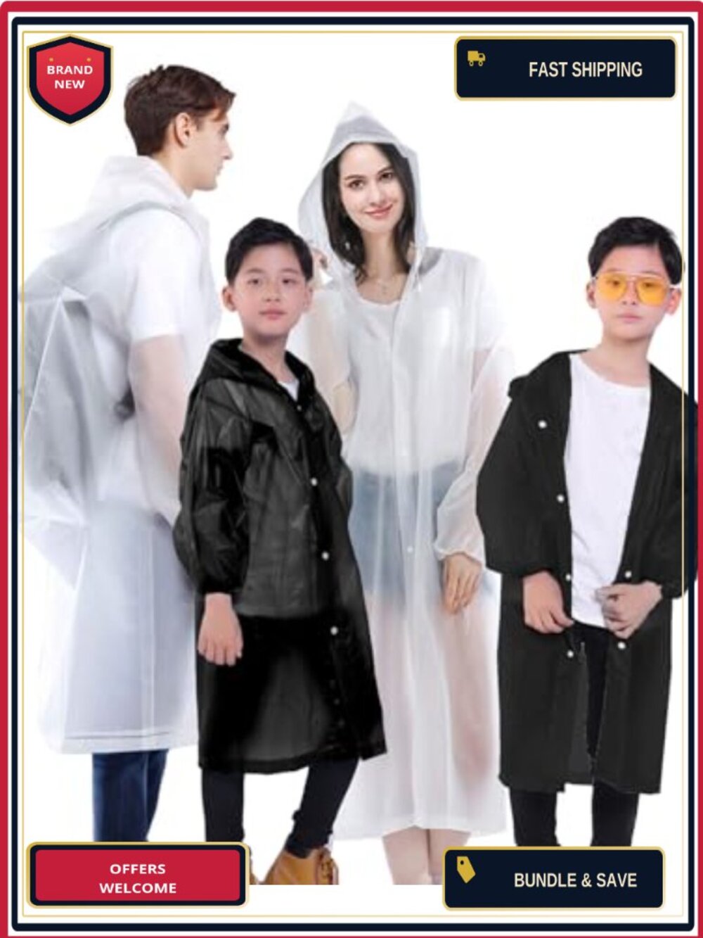 Pack of 4 Clear EVA Raincoats for Adults and Kids, Reusable Waterproof Family